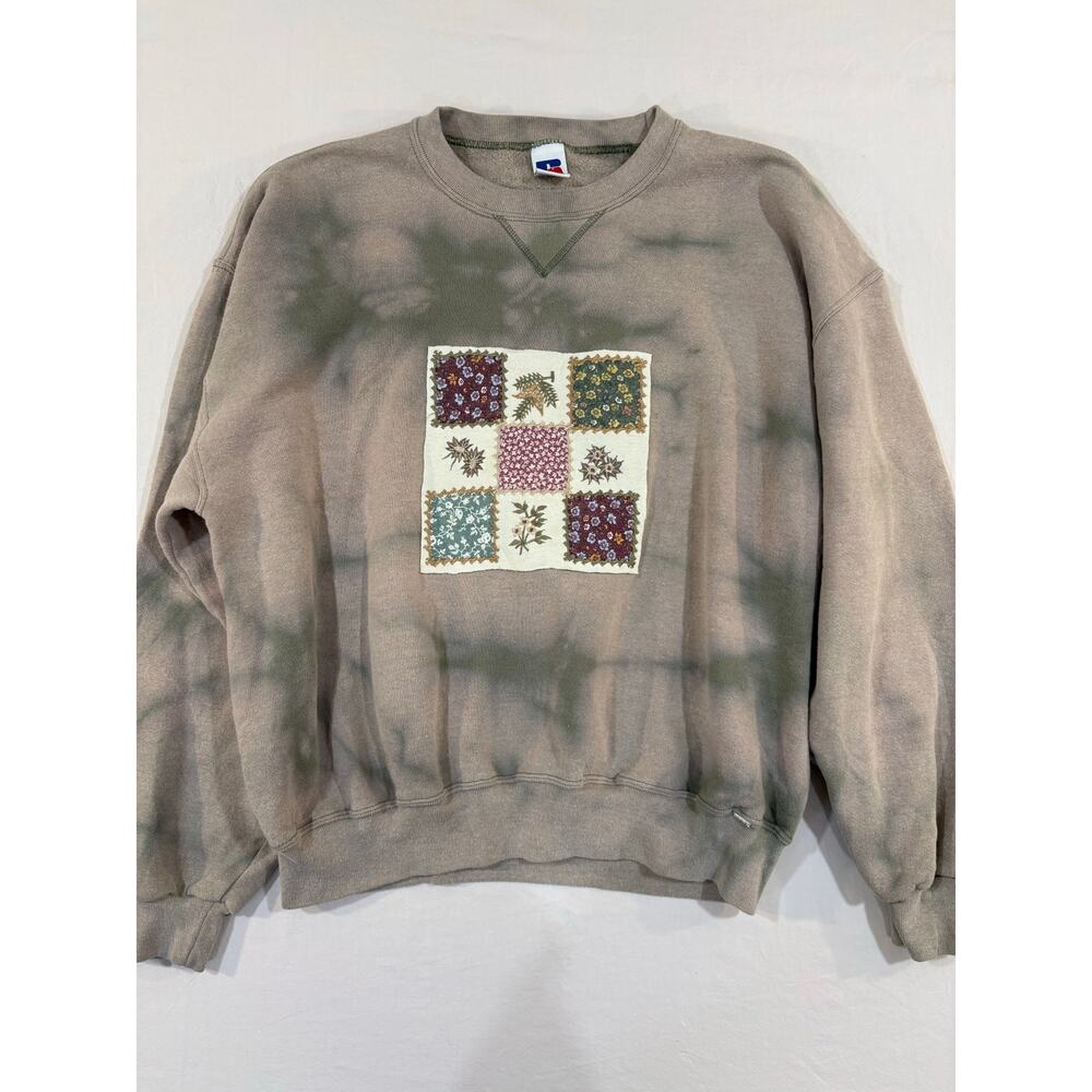 Reworked Bleach Dyed Appliqued Russell Pullover Sweatshirt Size XL
